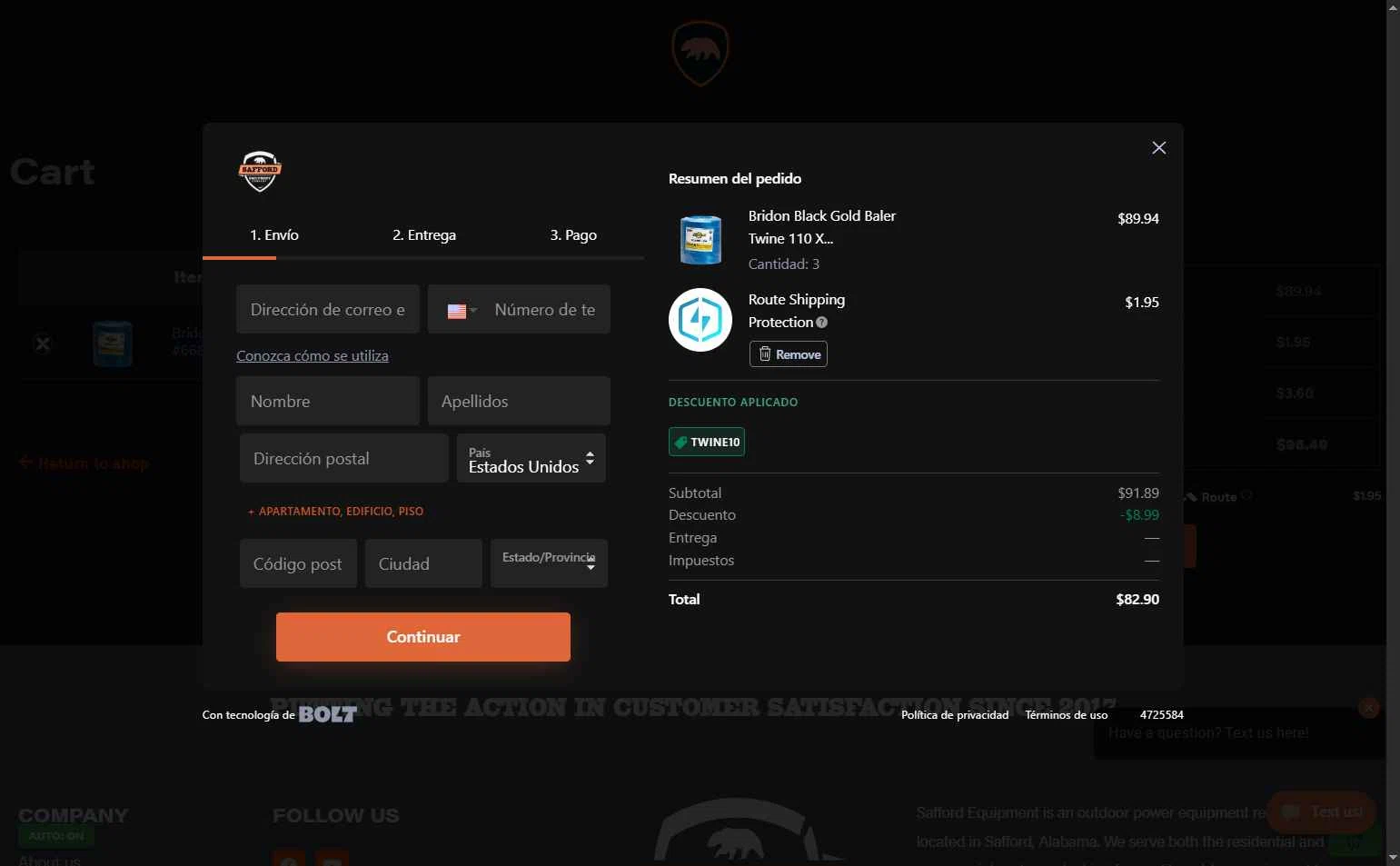 Safford Equipment checkout page showing Safford Equipment promo code box | Screenshot taken by SimplyCodes community member on Nov 1, 2025
