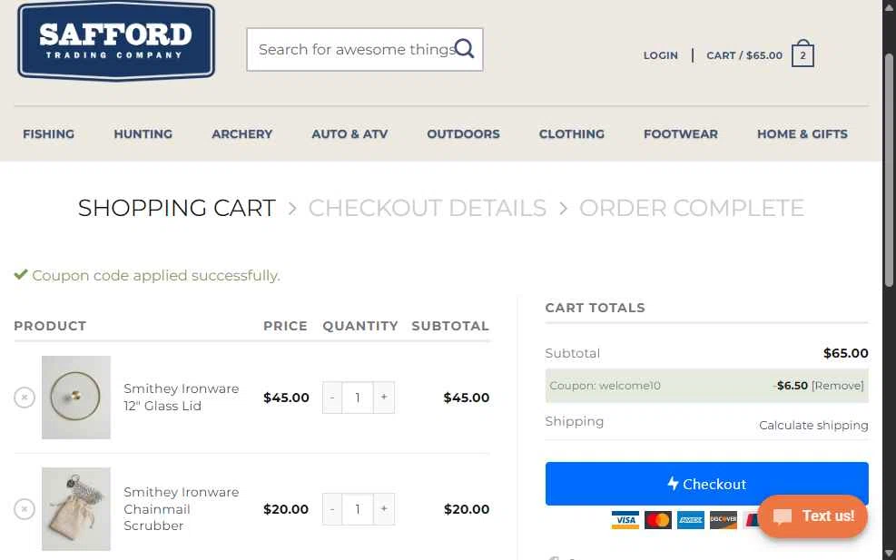 Safford Trading checkout page showing Safford Trading coupon code box | Screenshot taken by SimplyCodes community member on Feb 10, 2026