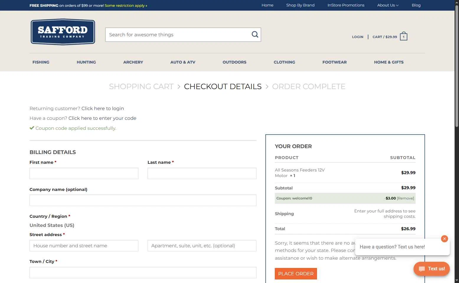Safford Trading checkout page showing Safford Trading coupon code box | Screenshot taken by SimplyCodes community member on Sep 17, 2025