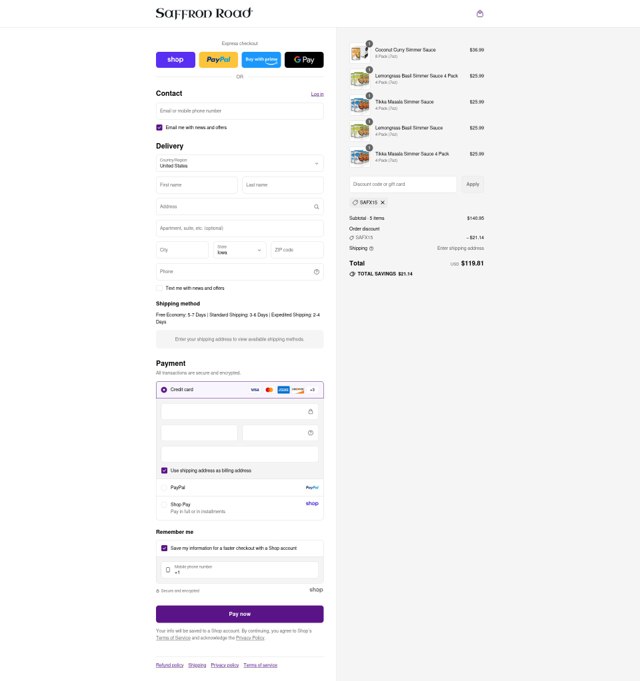 Saffron Road checkout page showing Saffron Road discount code box | Screenshot taken by SimplyCodes community member on Aug 31, 2025