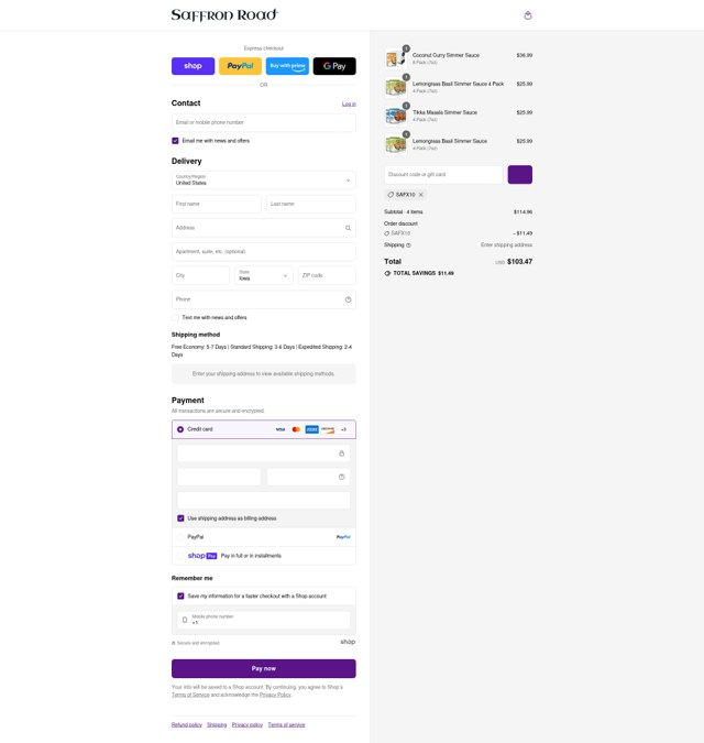 Saffron Road checkout page showing Saffron Road discount code box | Screenshot taken by SimplyCodes community member on Aug 13, 2025
