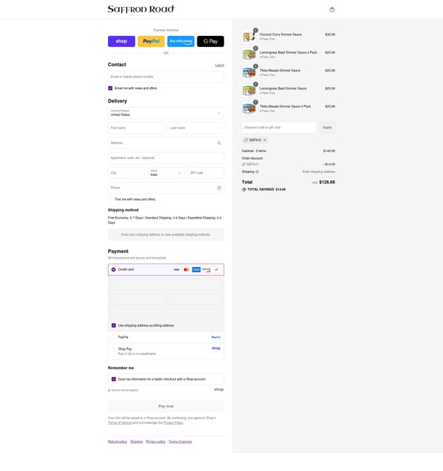Saffron Road checkout page showing Saffron Road discount code box | Screenshot taken by SimplyCodes community member on Aug 31, 2025