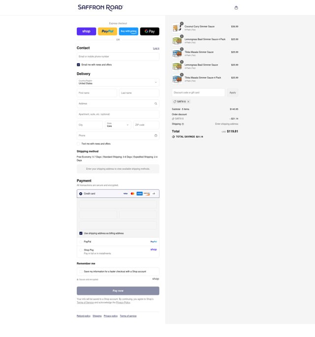 Saffron Road checkout page showing Saffron Road discount code box | Screenshot taken by SimplyCodes community member on Sep 4, 2025