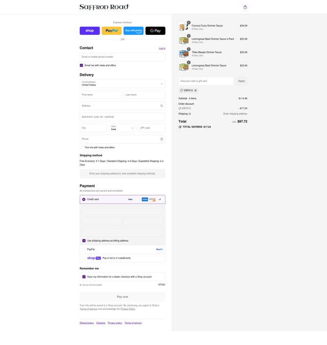 Saffron Road checkout page showing Saffron Road discount code box | Screenshot taken by SimplyCodes community member on Aug 13, 2025