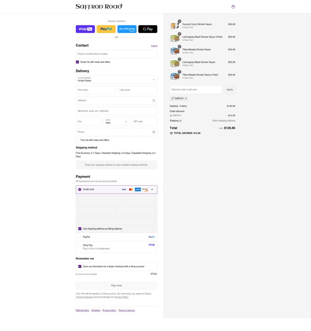 Saffron Road checkout page showing Saffron Road discount code box | Screenshot taken by SimplyCodes community member on Aug 27, 2025