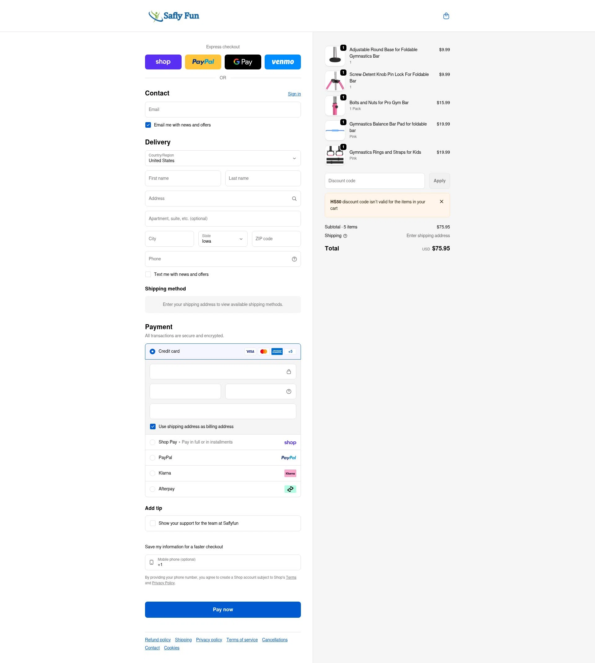 Saflyfun checkout page showing Saflyfun promo code box | Screenshot taken by SimplyCodes community member on Feb 18, 2026