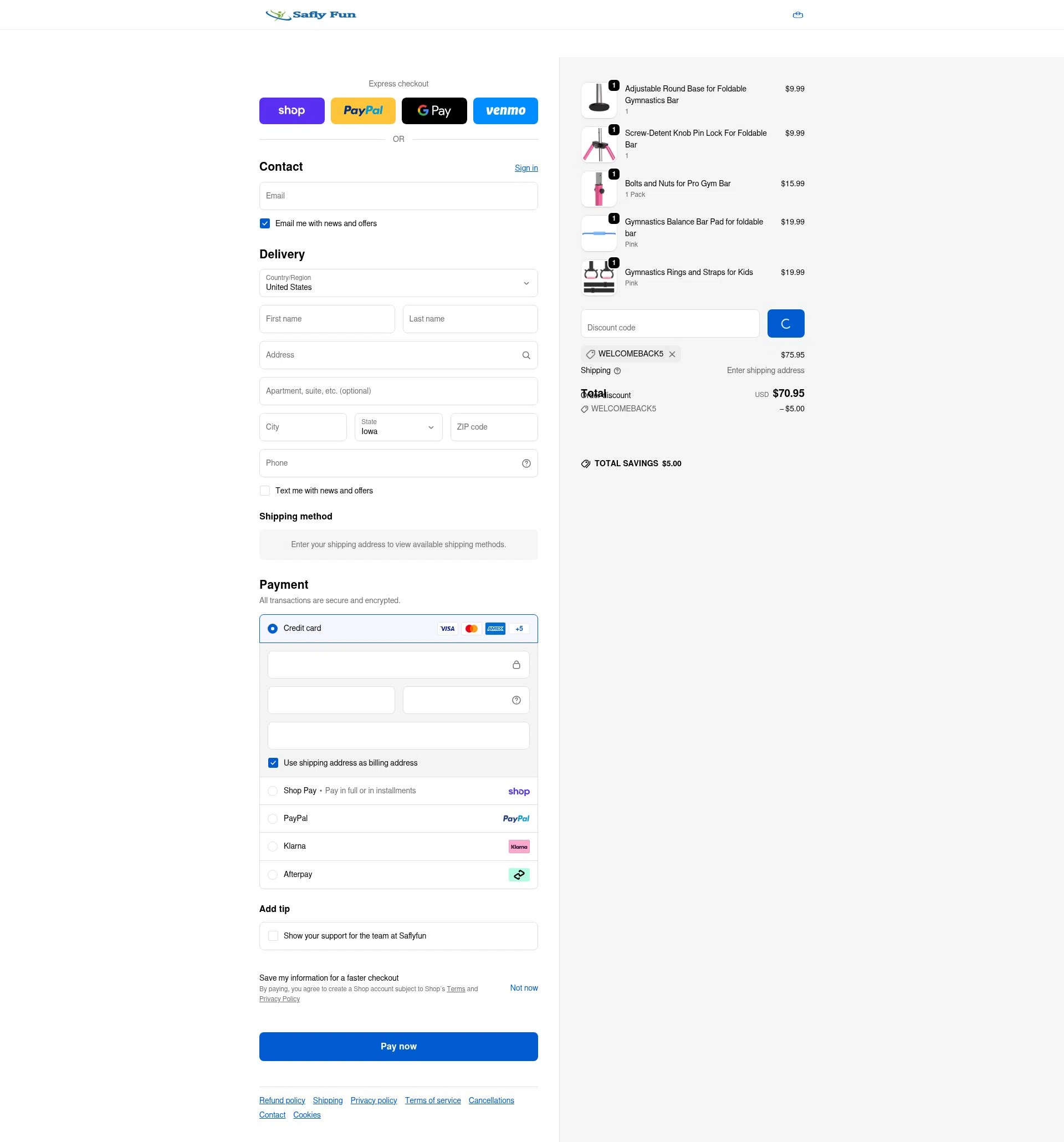 Saflyfun checkout page showing Saflyfun promo code box | Screenshot taken by SimplyCodes community member on Feb 14, 2026
