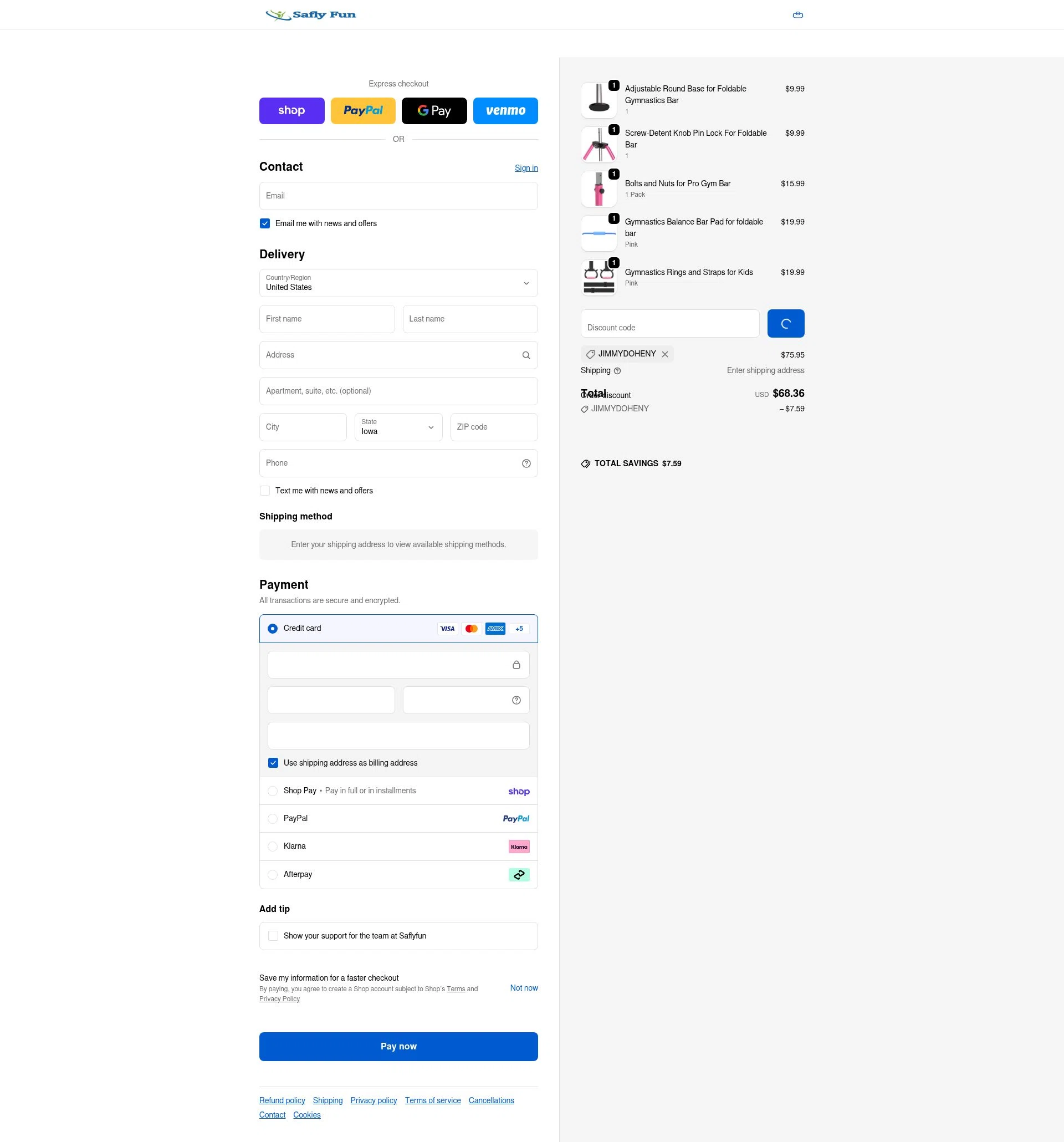 Saflyfun checkout page showing Saflyfun promo code box | Screenshot taken by SimplyCodes community member on Feb 14, 2026