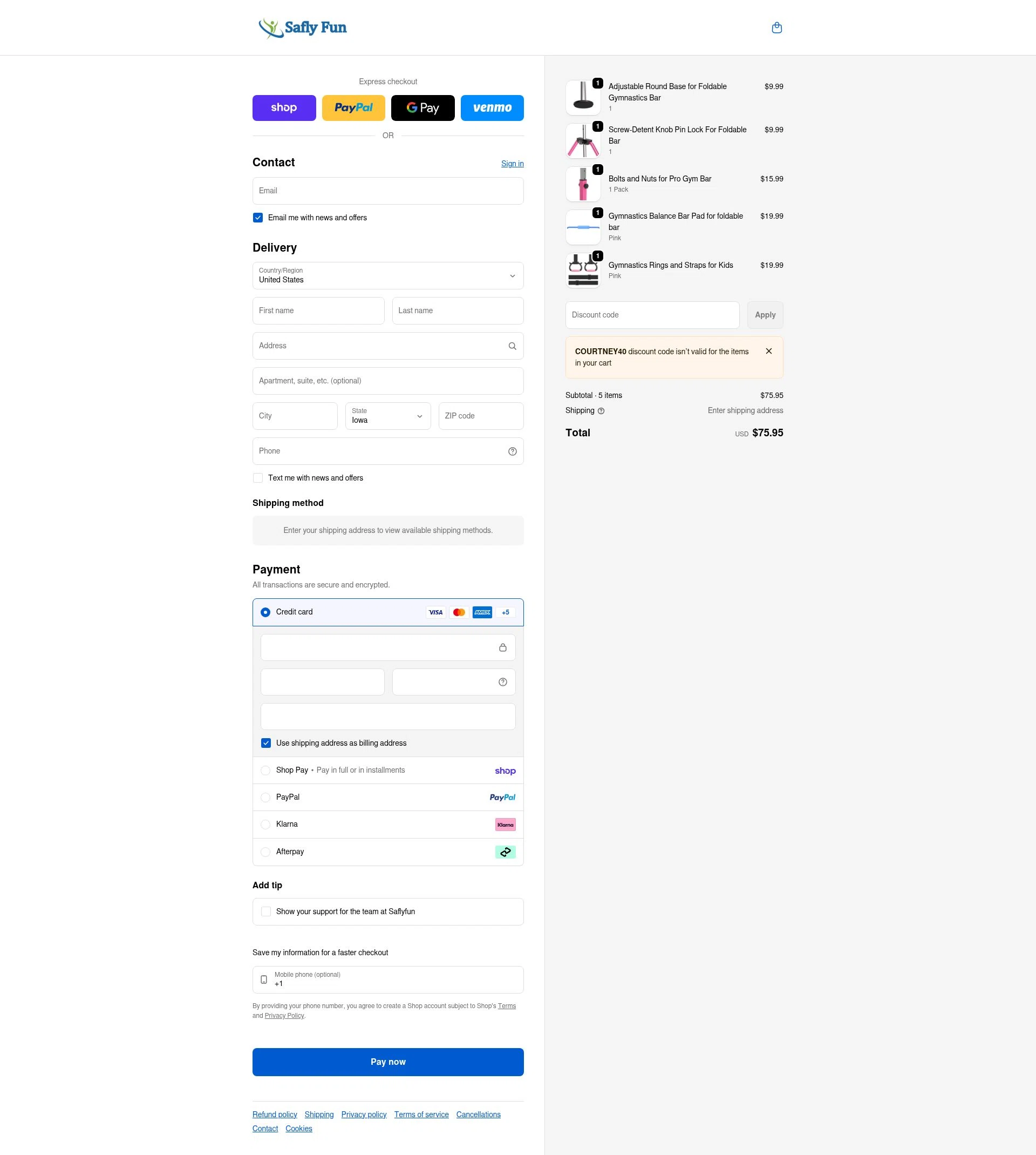 Saflyfun checkout page showing Saflyfun promo code box | Screenshot taken by SimplyCodes community member on Feb 18, 2026