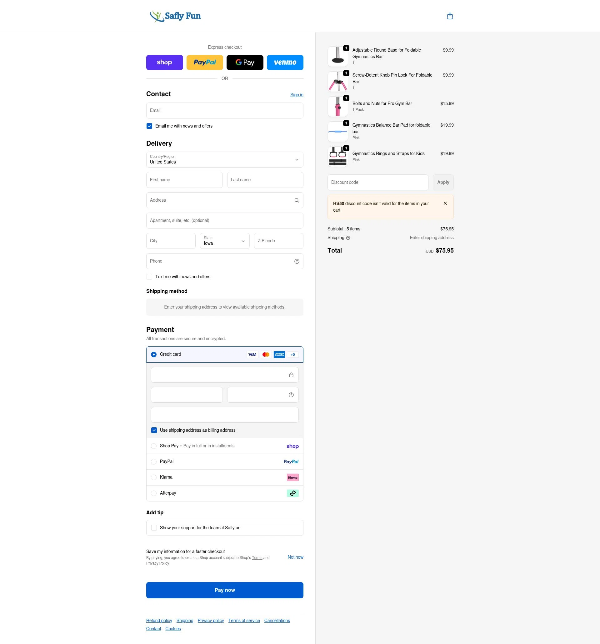Saflyfun checkout page showing Saflyfun promo code box | Screenshot taken by SimplyCodes community member on Feb 14, 2026