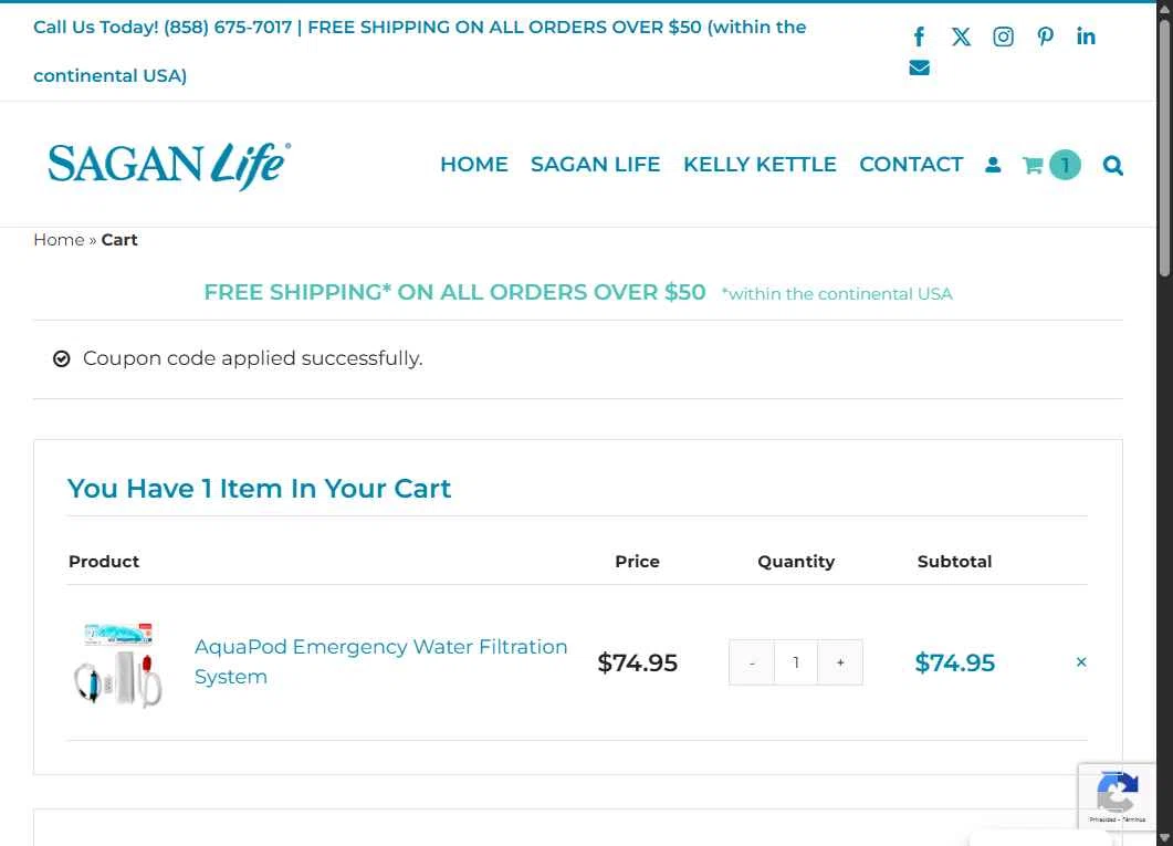 Sagan Life checkout page showing Sagan Life coupon code box | Screenshot taken by SimplyCodes community member on Sep 9, 2025