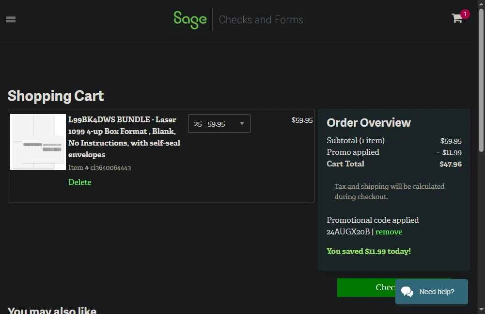 Sage checkout page showing Sage promo code box | Screenshot taken by SimplyCodes community member on Jan 12, 2026