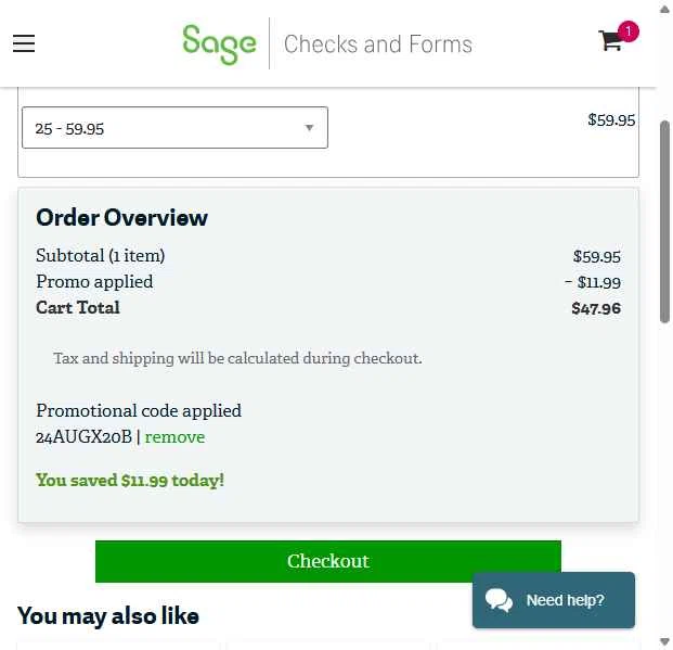 Sage checkout page showing Sage promo code box | Screenshot taken by SimplyCodes community member on Sep 10, 2025
