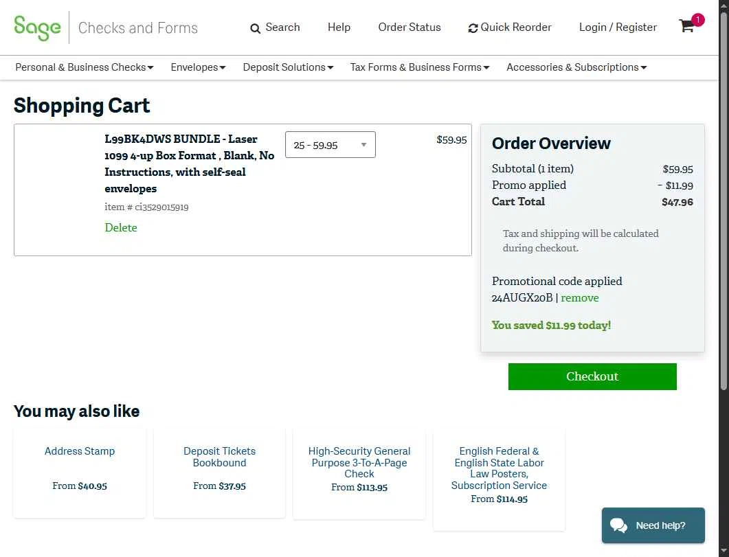 Sage checkout page showing Sage promo code box | Screenshot taken by SimplyCodes community member on Sep 6, 2025
