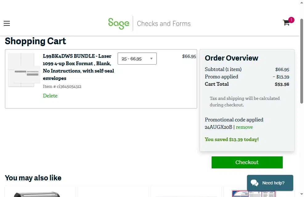 Sage checkout page showing Sage promo code box | Screenshot taken by SimplyCodes community member on Jan 25, 2026