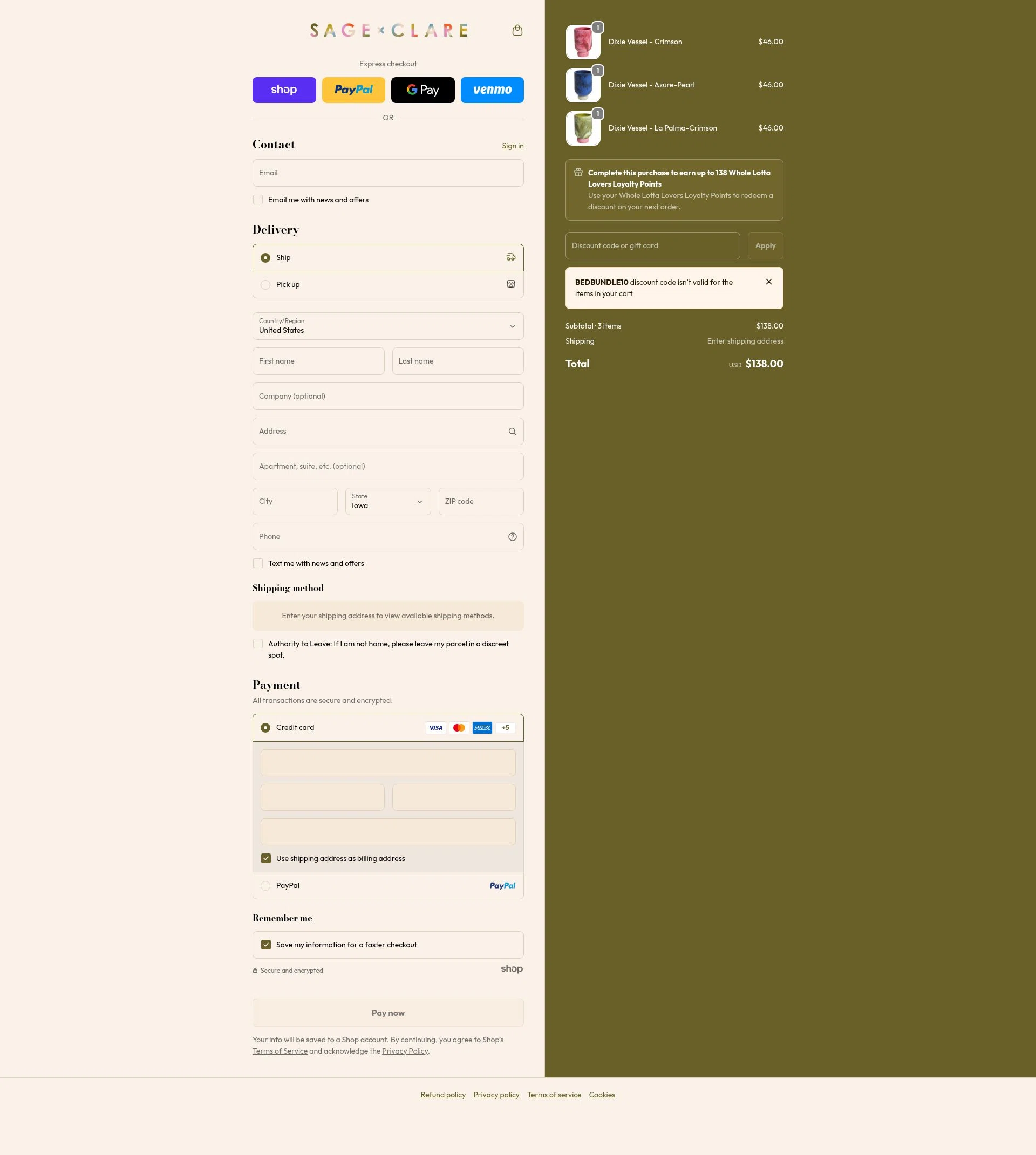 Sage and Clare checkout page showing Sage and Clare discount code box | Screenshot taken by SimplyCodes community member on Jan 30, 2026