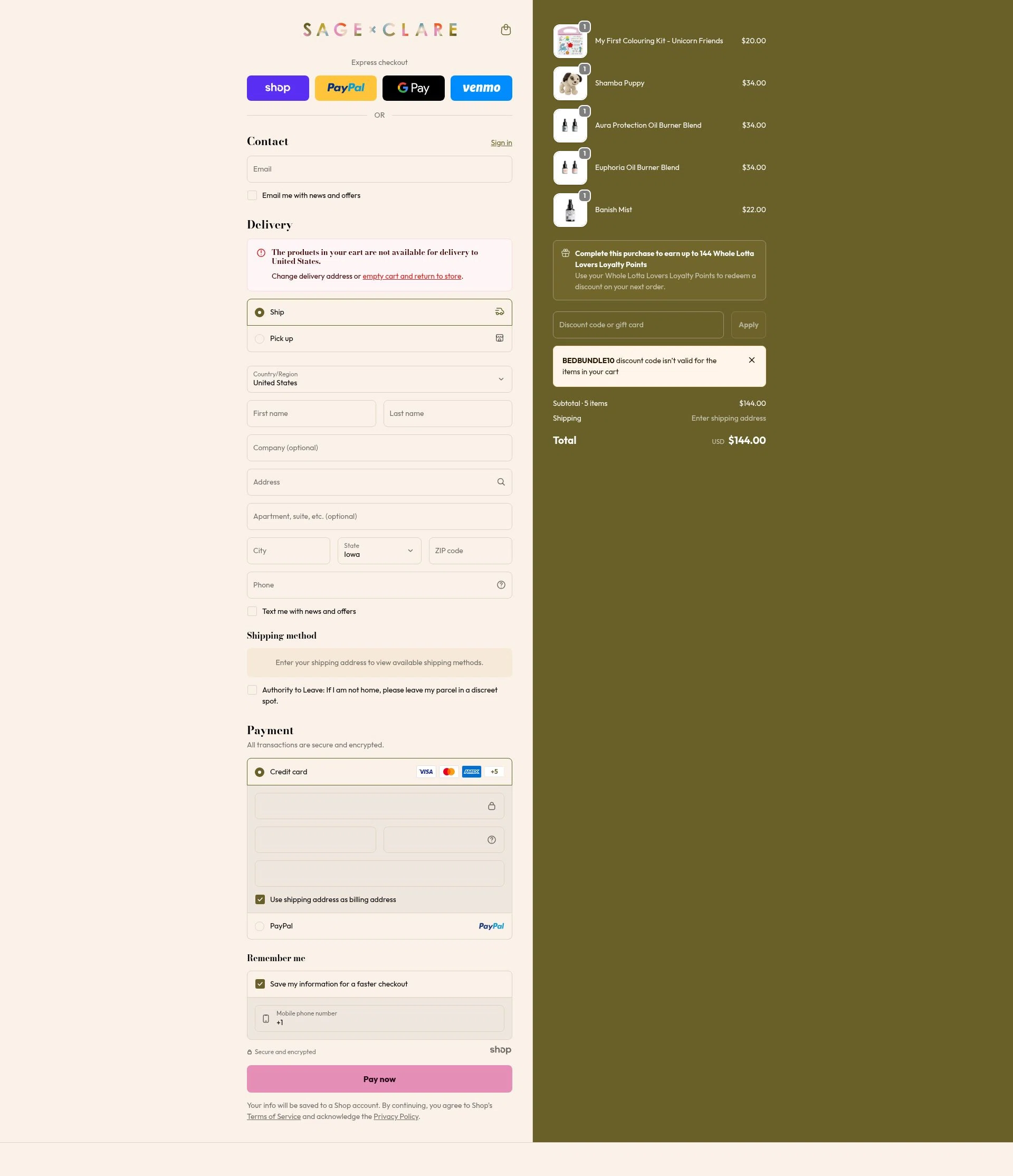Sage and Clare checkout page showing Sage and Clare discount code box | Screenshot taken by SimplyCodes community member on Jan 21, 2026