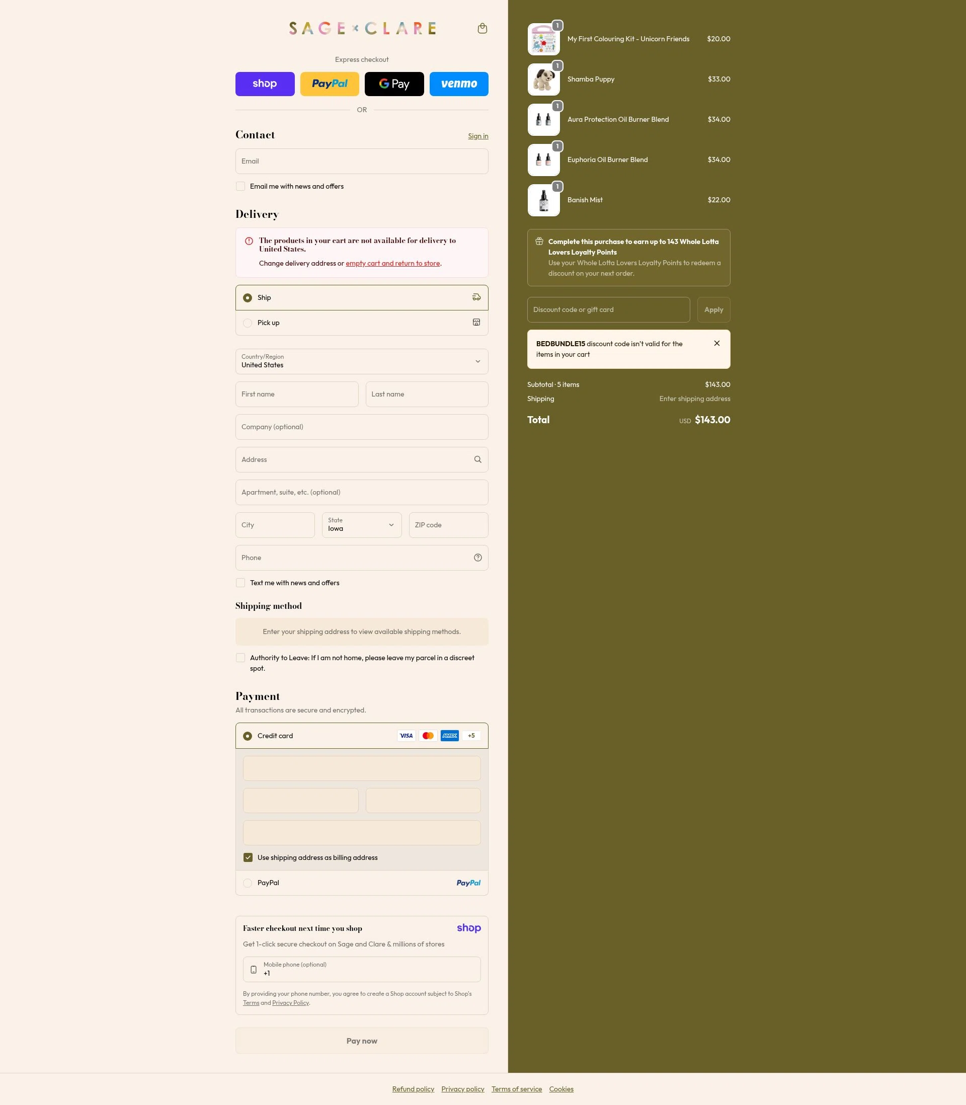 Sage and Clare checkout page showing Sage and Clare discount code box | Screenshot taken by SimplyCodes community member on Jan 16, 2026