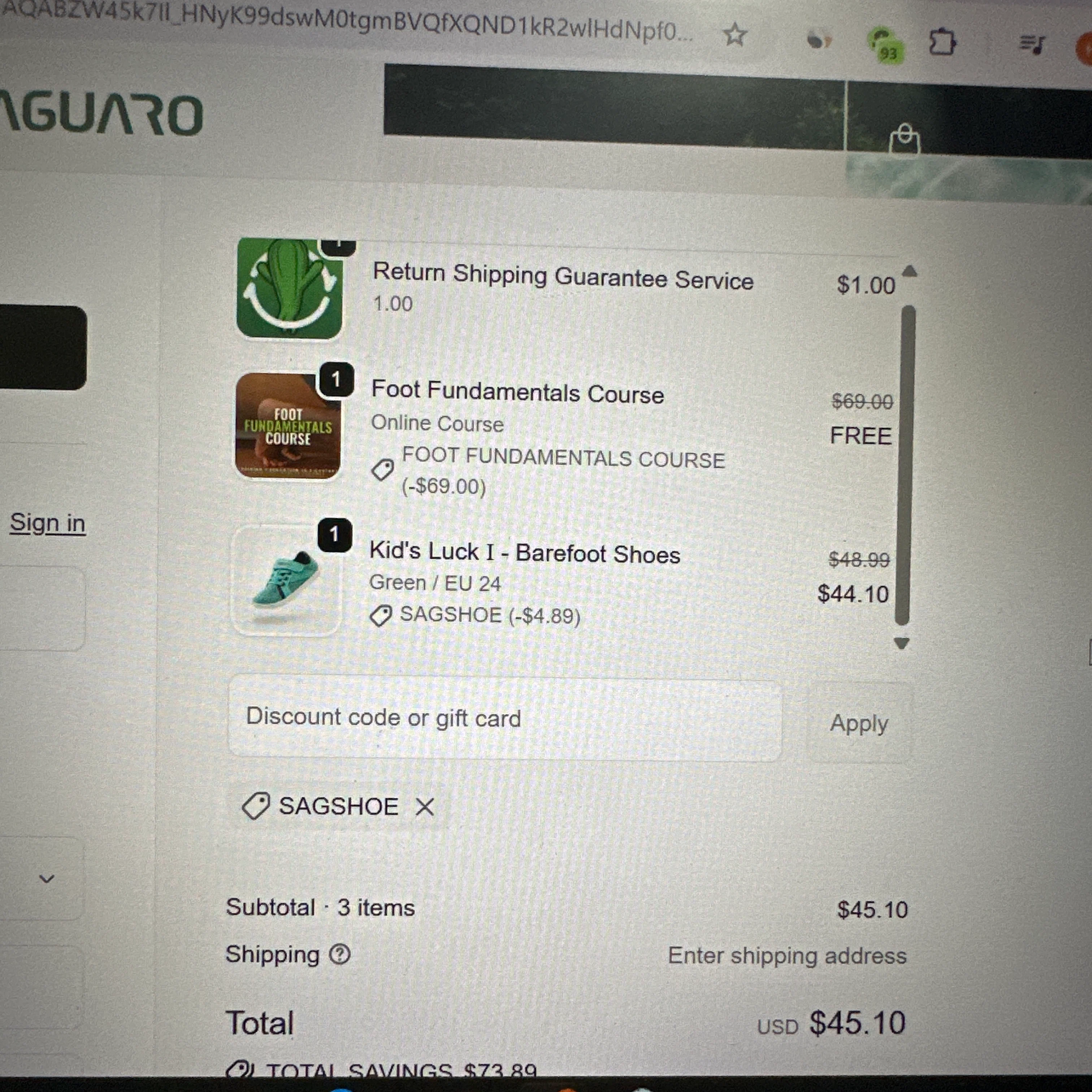 Saguaro promo code screenshot showing code SAGSHOE applied at Saguaro checkout page. Uploaded by SimplyCodes community member Ava_Micheal on Jun 13, 2026