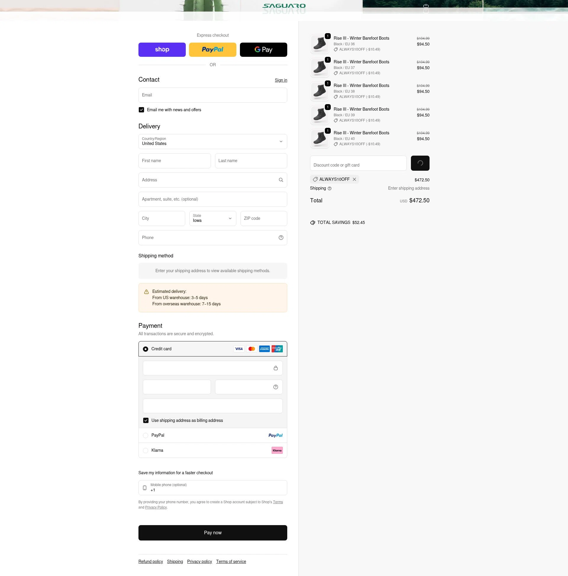 Saguaro checkout page showing Saguaro discount code box | Screenshot taken by SimplyCodes community member on Feb 18, 2026