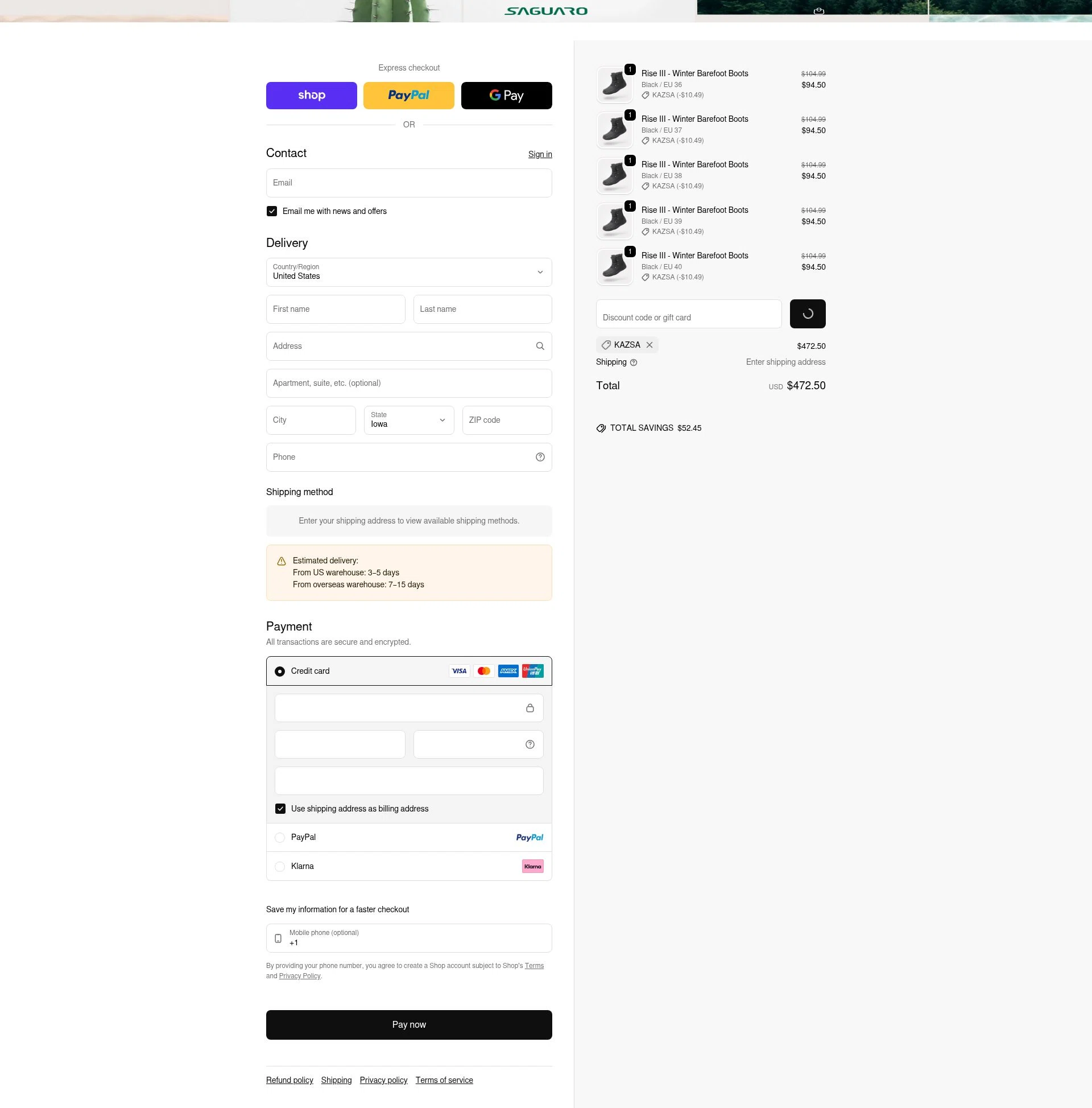 Saguaro checkout page showing Saguaro discount code box | Screenshot taken by SimplyCodes community member on Feb 18, 2026