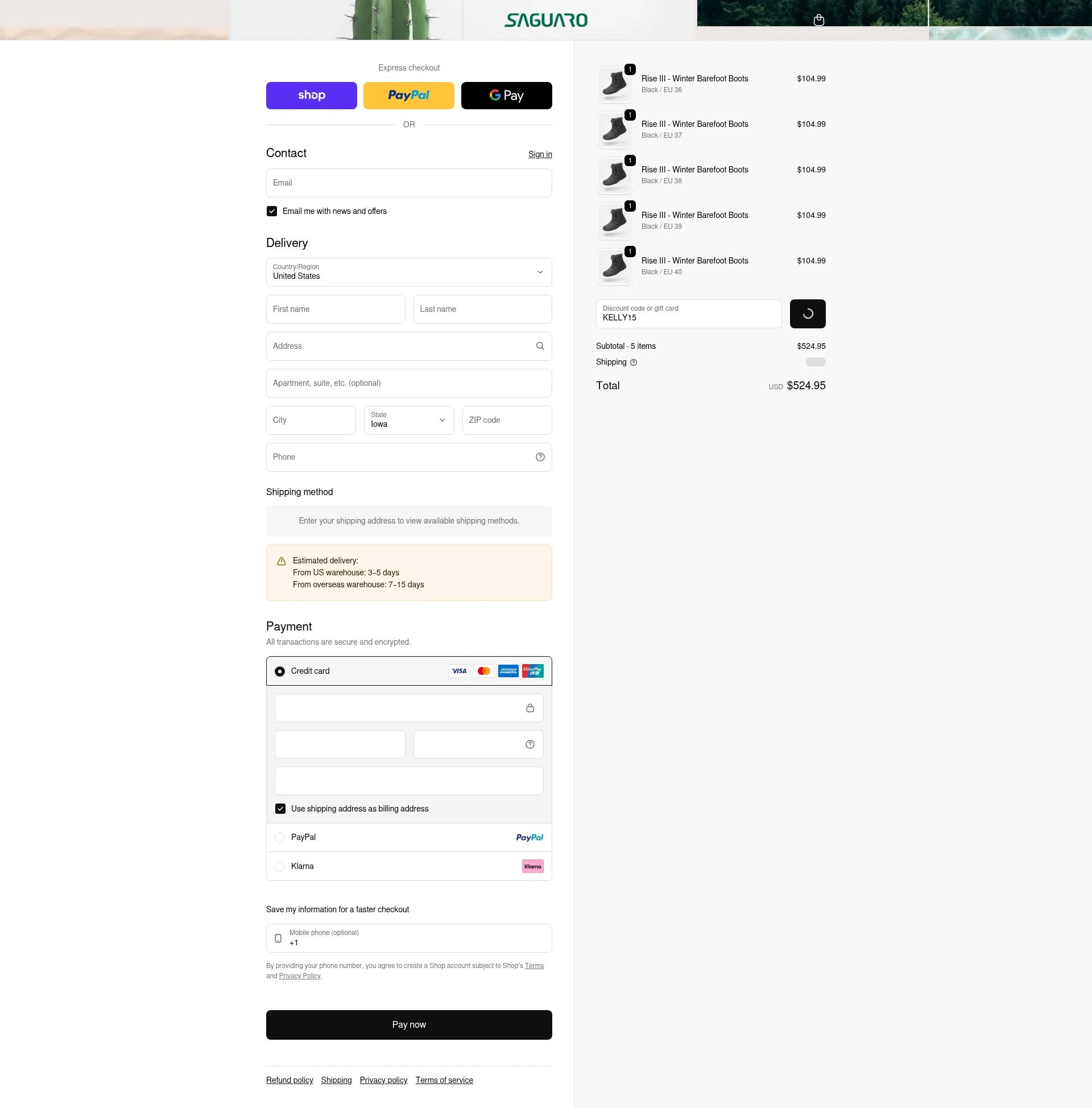 Saguaro checkout page showing Saguaro discount code box | Screenshot taken by SimplyCodes community member on Feb 18, 2026