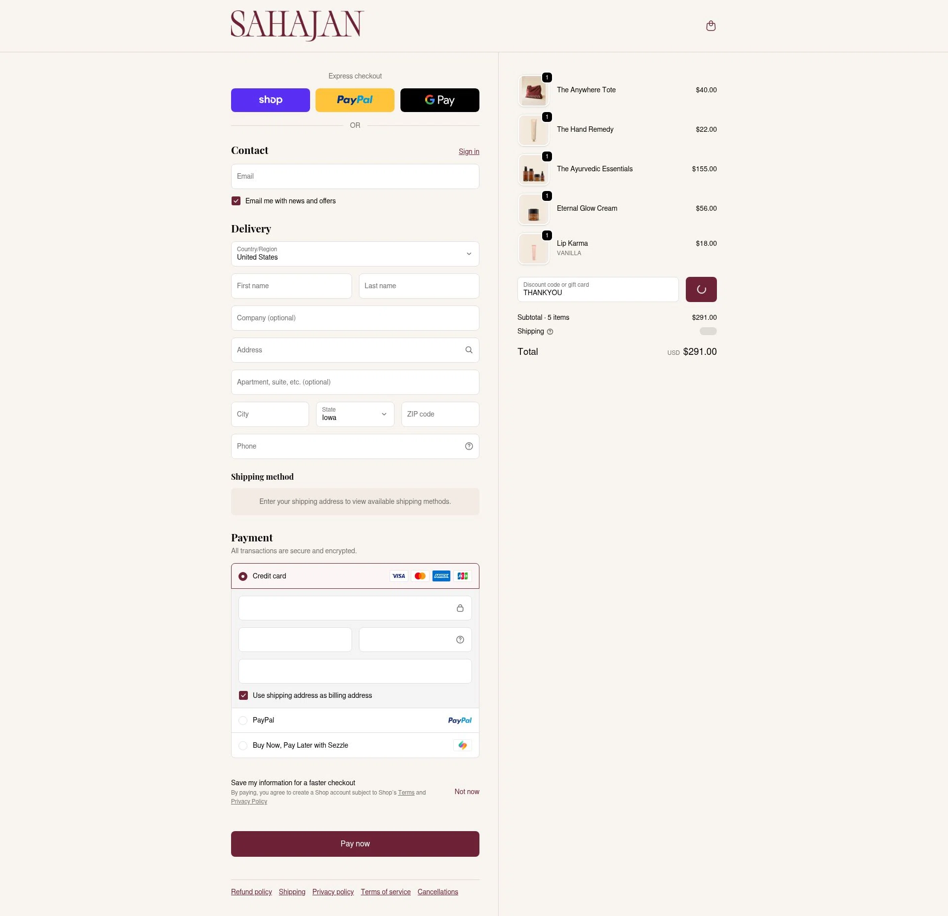 Sahajan checkout page showing Sahajan discount code box | Screenshot taken by SimplyCodes community member on Feb 16, 2026