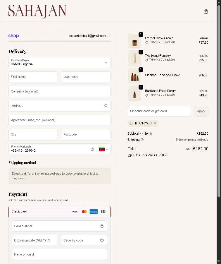 Sahajan checkout page showing Sahajan discount code box | Screenshot taken by SimplyCodes community member on Feb 10, 2026