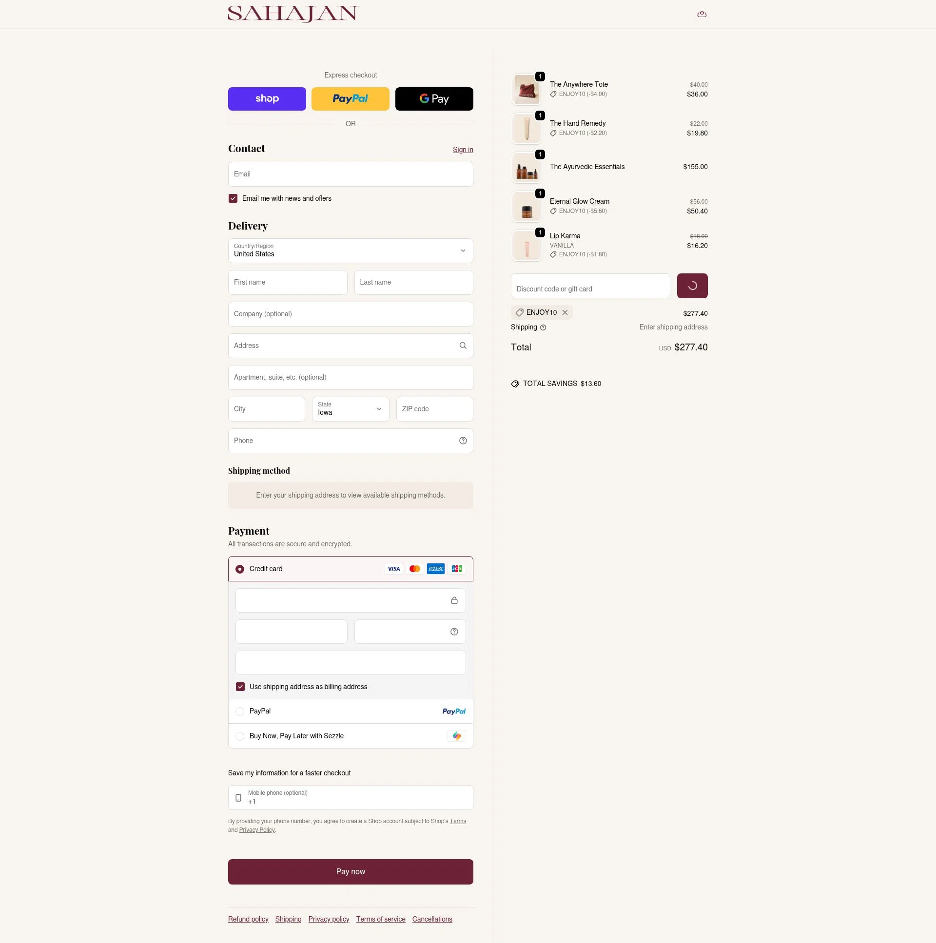 Sahajan checkout page showing Sahajan discount code box | Screenshot taken by SimplyCodes community member on Feb 12, 2026