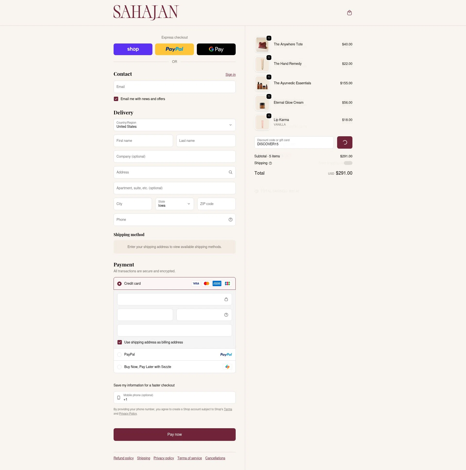 Sahajan checkout page showing Sahajan discount code box | Screenshot taken by SimplyCodes community member on Feb 12, 2026