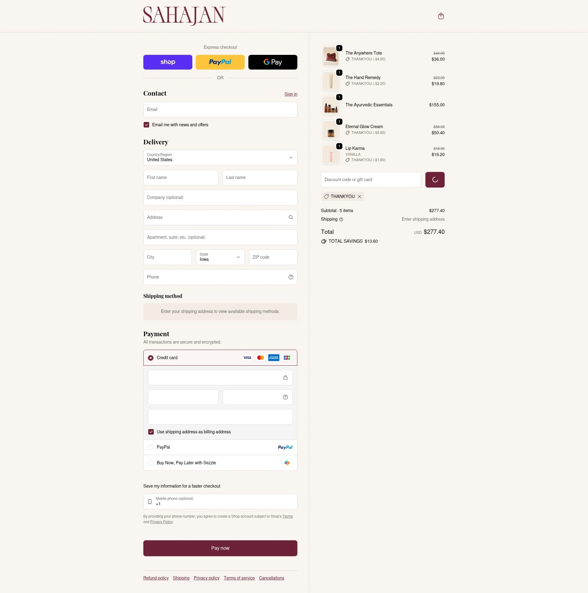 Sahajan checkout page showing Sahajan discount code box | Screenshot taken by SimplyCodes community member on Feb 21, 2026