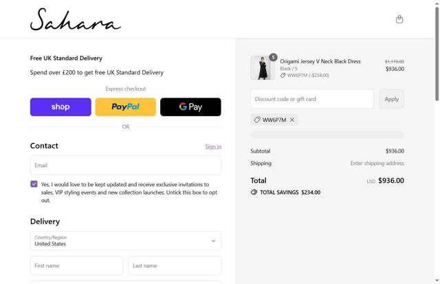 Sahara checkout page showing Sahara promo code box | Screenshot taken by SimplyCodes community member on Sep 11, 2025