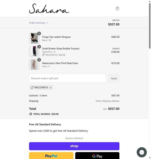 Sahara checkout page showing Sahara promo code box | Screenshot taken by SimplyCodes community member on Sep 11, 2025