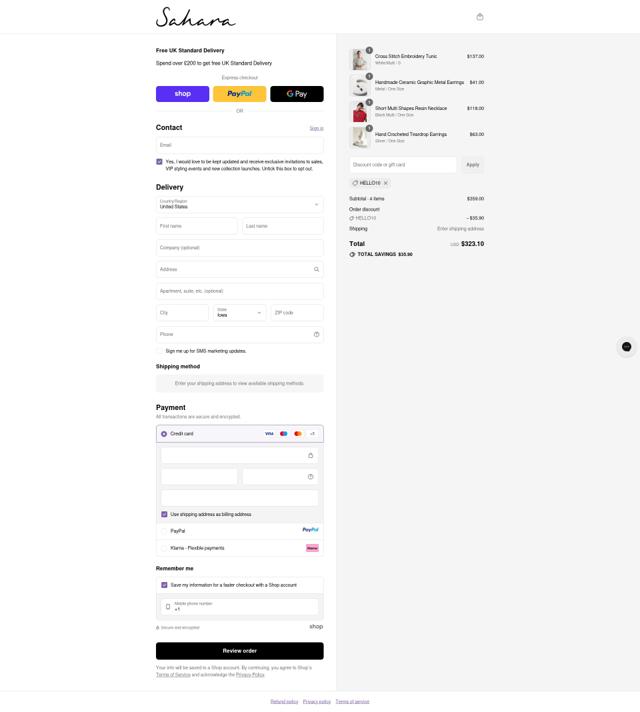 Sahara checkout page showing Sahara promo code box | Screenshot taken by SimplyCodes community member on Sep 10, 2025