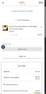 WELCOME20 coupon verification screenshot