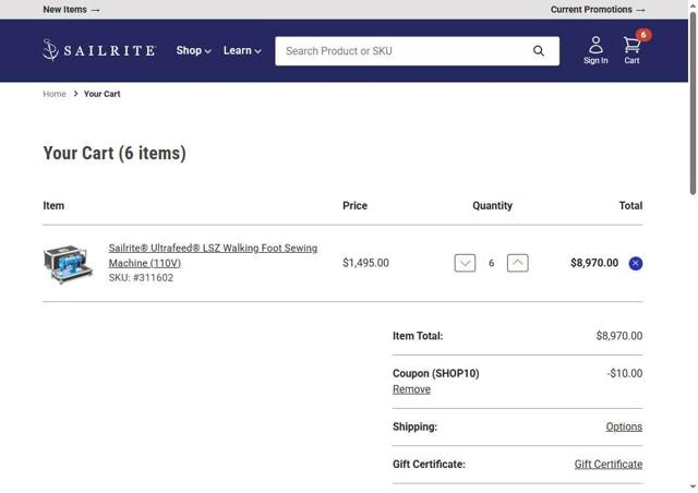 Sailrite checkout page showing Sailrite coupon code box | Screenshot taken by SimplyCodes community member on Aug 2, 2025