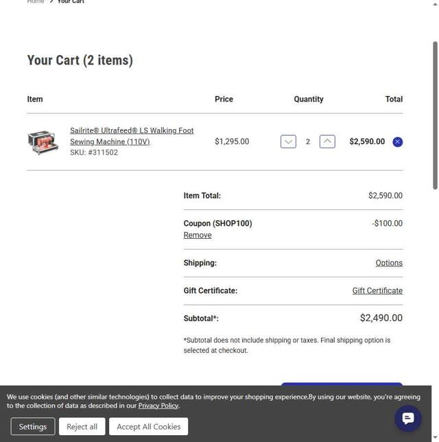 Sailrite checkout page showing Sailrite coupon code box | Screenshot taken by SimplyCodes community member on Aug 31, 2025