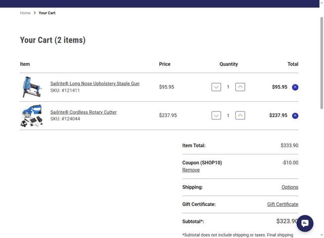 Sailrite checkout page showing Sailrite coupon code box | Screenshot taken by SimplyCodes community member on Aug 31, 2025