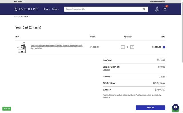 Sailrite checkout page showing Sailrite coupon code box | Screenshot taken by SimplyCodes community member on Aug 31, 2025