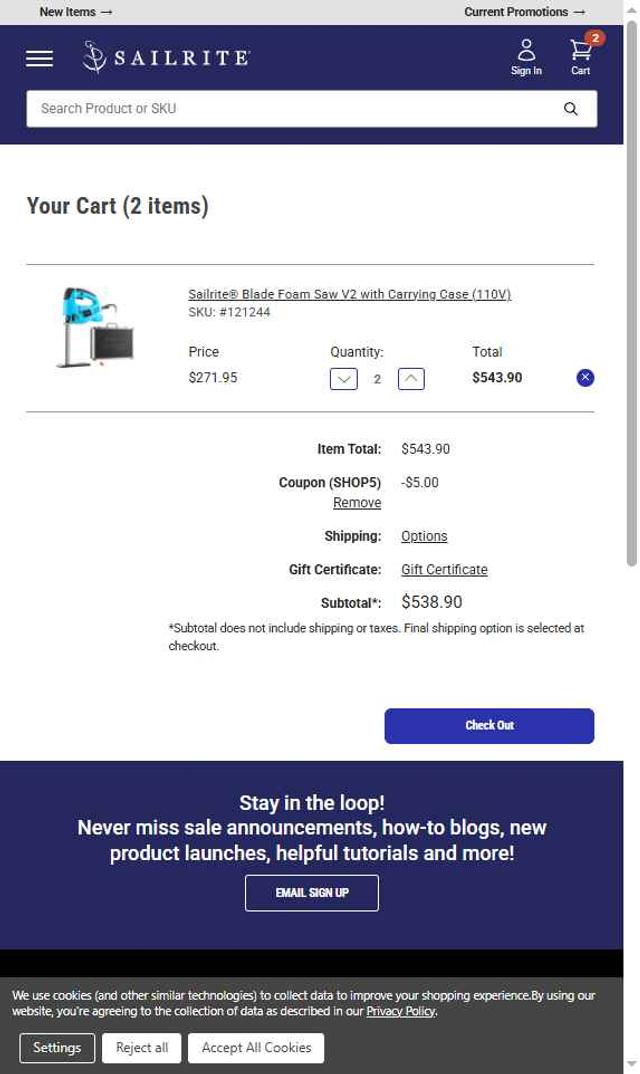Sailrite checkout page showing Sailrite coupon code box | Screenshot taken by SimplyCodes community member on Aug 2, 2025
