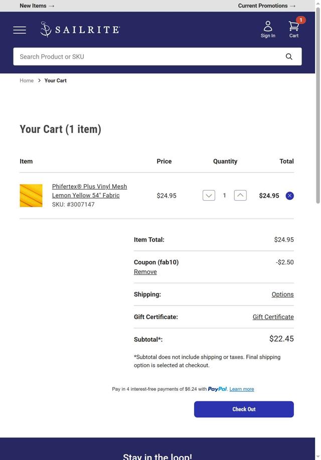Sailrite checkout page showing Sailrite coupon code box | Screenshot taken by SimplyCodes community member on Sep 15, 2025