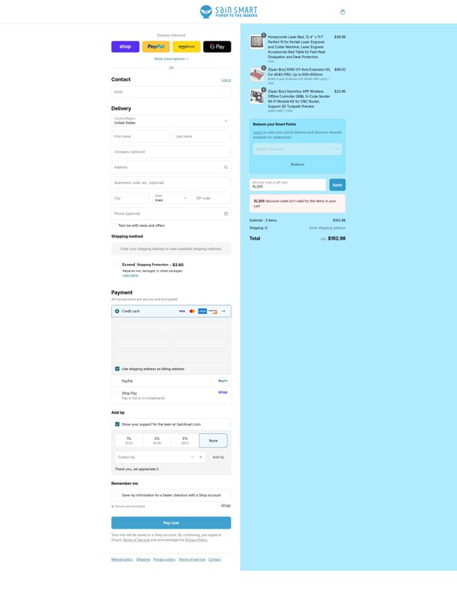 SainSmart checkout page showing SainSmart promo code box | Screenshot taken by SimplyCodes community member on Sep 3, 2025