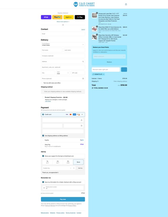 SainSmart checkout page showing SainSmart promo code box | Screenshot taken by SimplyCodes community member on Sep 3, 2025