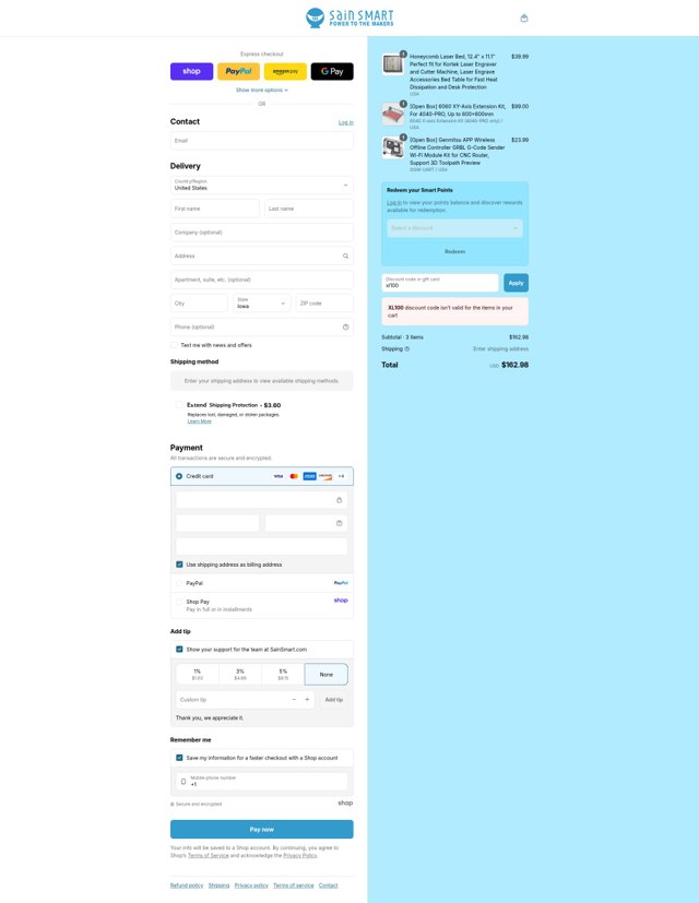 SainSmart checkout page showing SainSmart promo code box | Screenshot taken by SimplyCodes community member on Sep 3, 2025