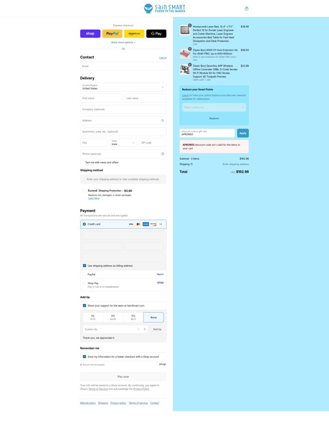 SainSmart checkout page showing SainSmart promo code box | Screenshot taken by SimplyCodes community member on Sep 3, 2025