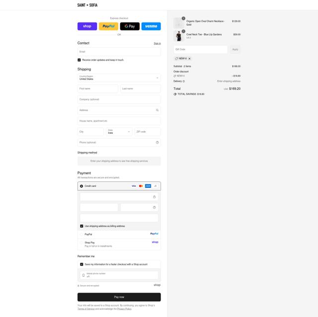 Saint and Sofia checkout page showing Saint and Sofia discount code box | Screenshot taken by SimplyCodes community member on Sep 12, 2025