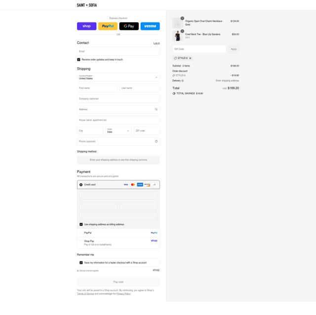 Saint and Sofia checkout page showing Saint and Sofia discount code box | Screenshot taken by SimplyCodes community member on Sep 8, 2025