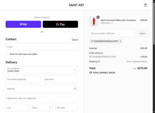 Saint Art checkout page showing Saint Art promo code box | Screenshot taken by SimplyCodes community member on Sep 12, 2025