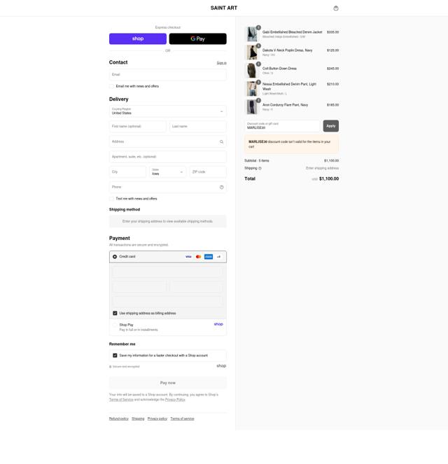 Saint Art checkout page showing Saint Art promo code box | Screenshot taken by SimplyCodes community member on Sep 11, 2025