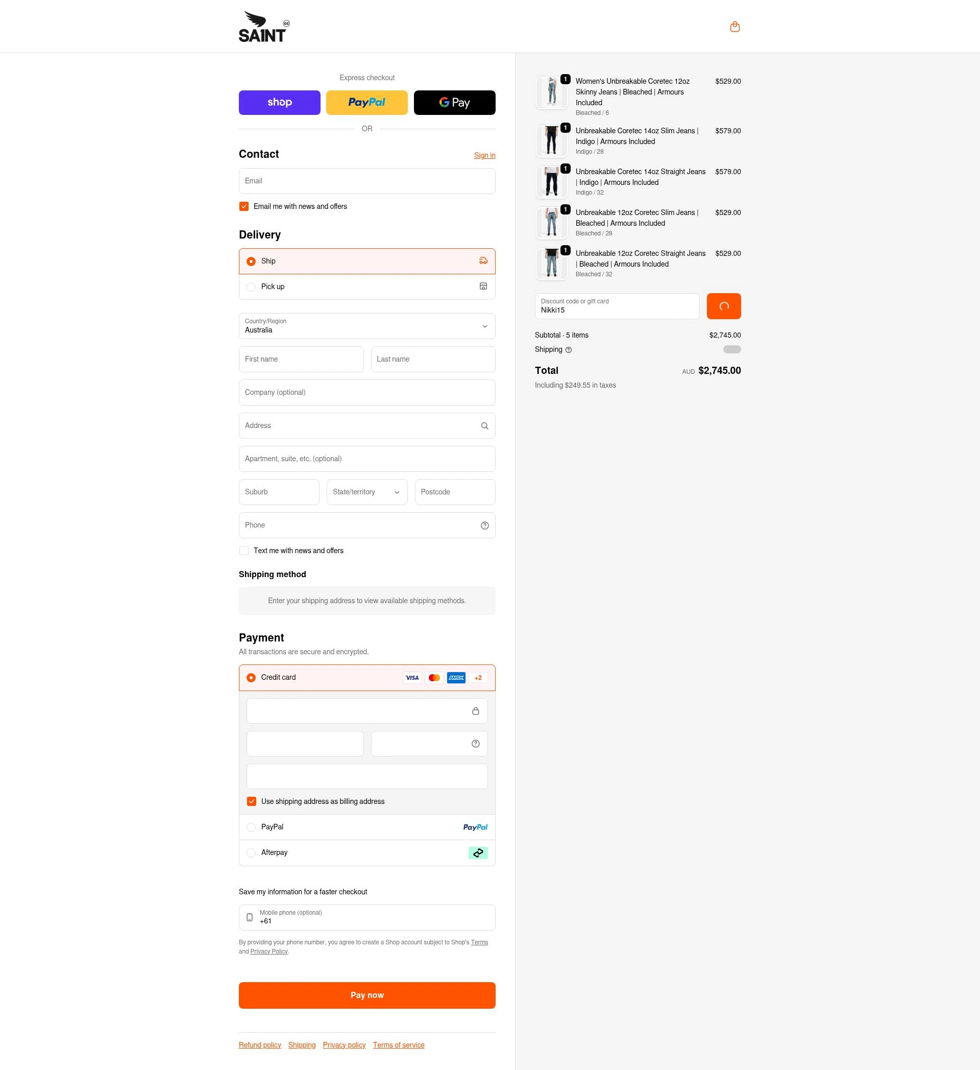 Saint C.C. checkout page showing Saint C.C. promo code box | Screenshot taken by SimplyCodes community member on Feb 8, 2026
